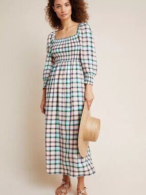 Anthropologie Maeve Womens Cerie Smocked Midi Dress Plaid Size Medium Petite